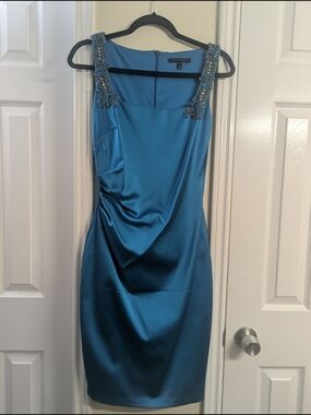 David Meister Teal Embellished Satin Sheath Dress